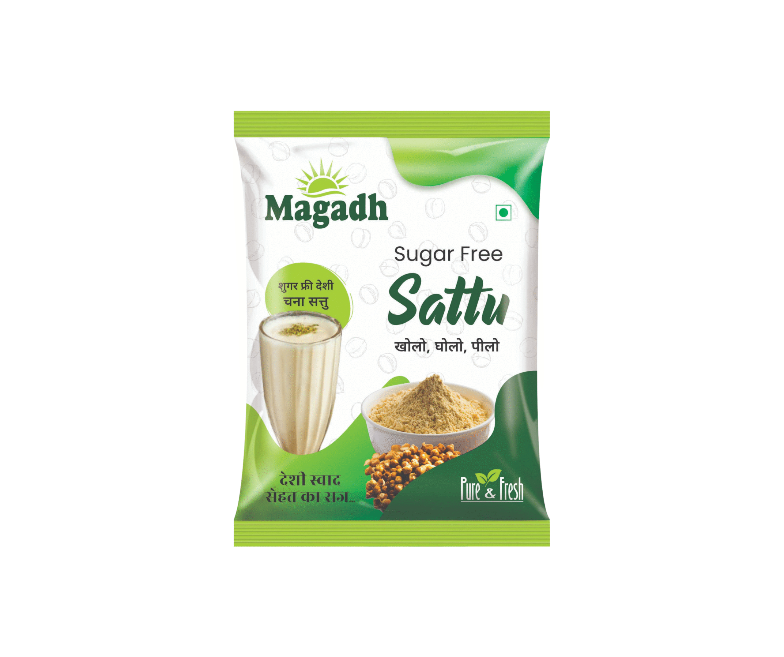Magadh Chana Sattu packet, sugar-free variant with image of sattu drink garnished with lemon and mint, along with roasted chana and sattu powder. Hindi text includes 'खोलो, घोलो, पीलो' and 'देसी स्वाद सेहत का राज'