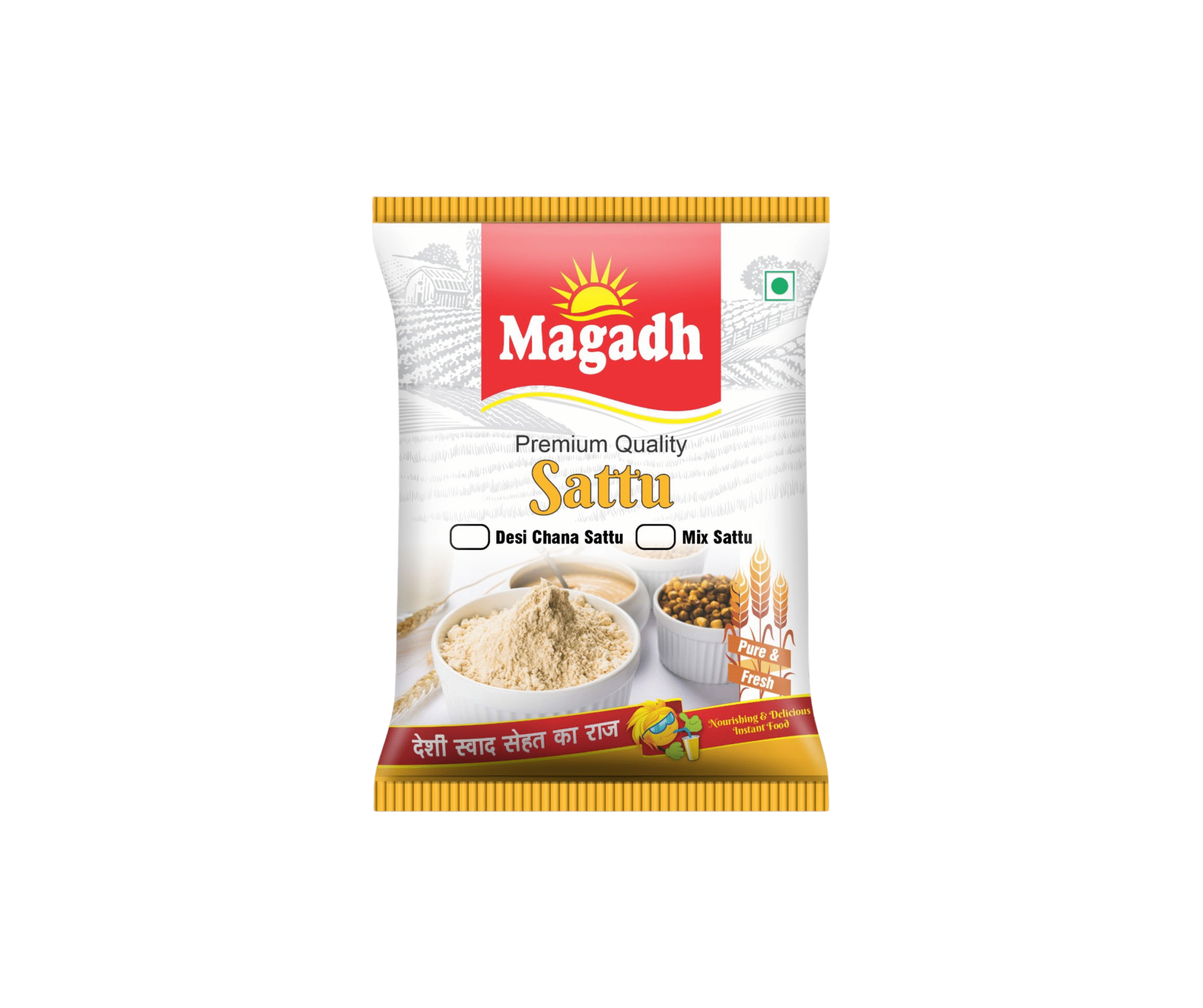Magadh Premium Quality Sattu packet with options for Desi Chana Sattu and Mix Sattu